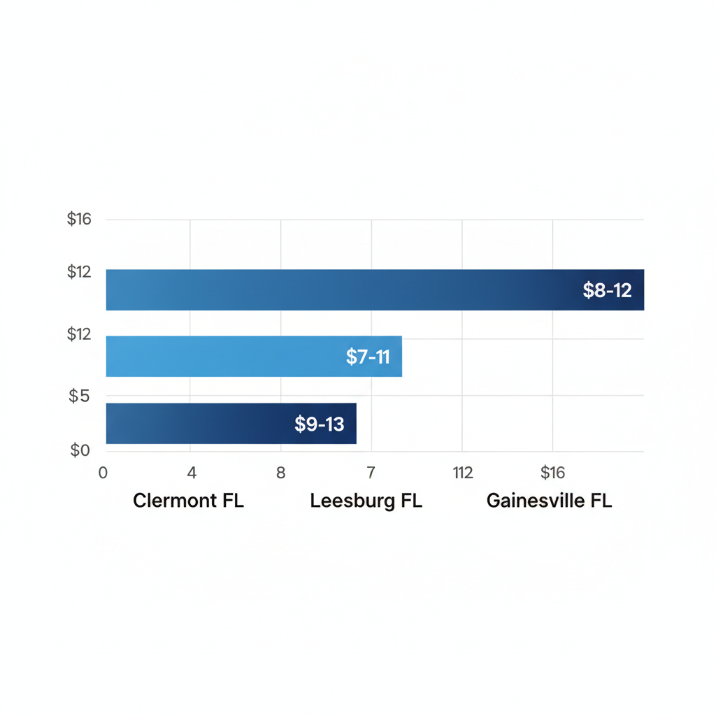 Horizontal bar chart comparing seamless gutter installation costs per linear foot in Central Florida areas including Clermont, Leesburg, and Gainesville