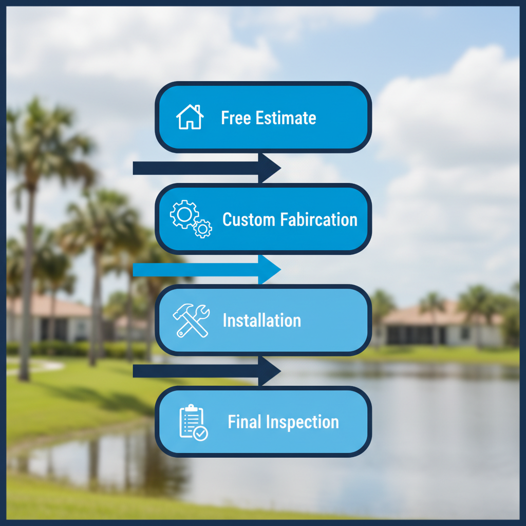 Process flow diagram illustrating seamless gutter installation steps in Clermont, Florida: free estimate, custom fabrication, installation, and final inspection.