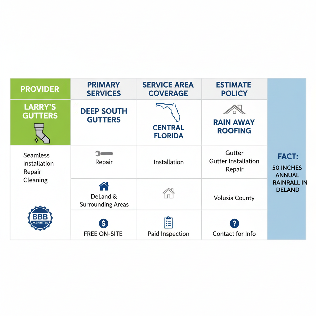 Infographic table comparing three gutter service providers in DeLand, Florida, with columns for provider, services, coverage, and estimate policy, highlighting Larry's Gutters.