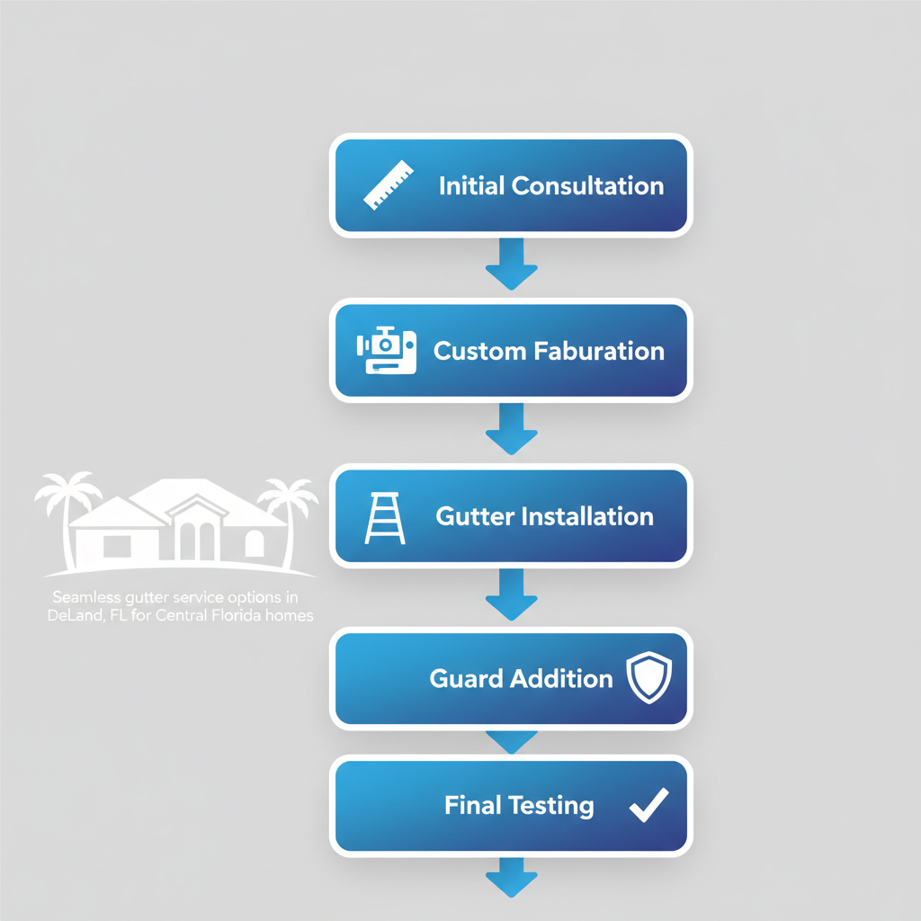 Process flow diagram illustrating five steps of seamless gutter services in DeLand, Florida: consultation, fabrication, installation, guards, and testing.