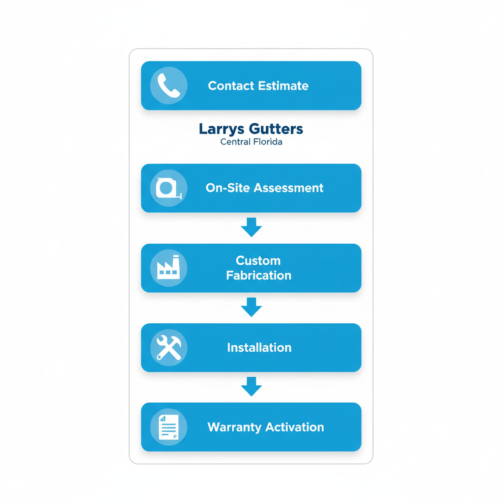 Vertical process flow diagram illustrating five steps for starting a seamless gutter project: contact for estimate, on-site assessment, custom fabrication, installation, and warranty activation with icons.