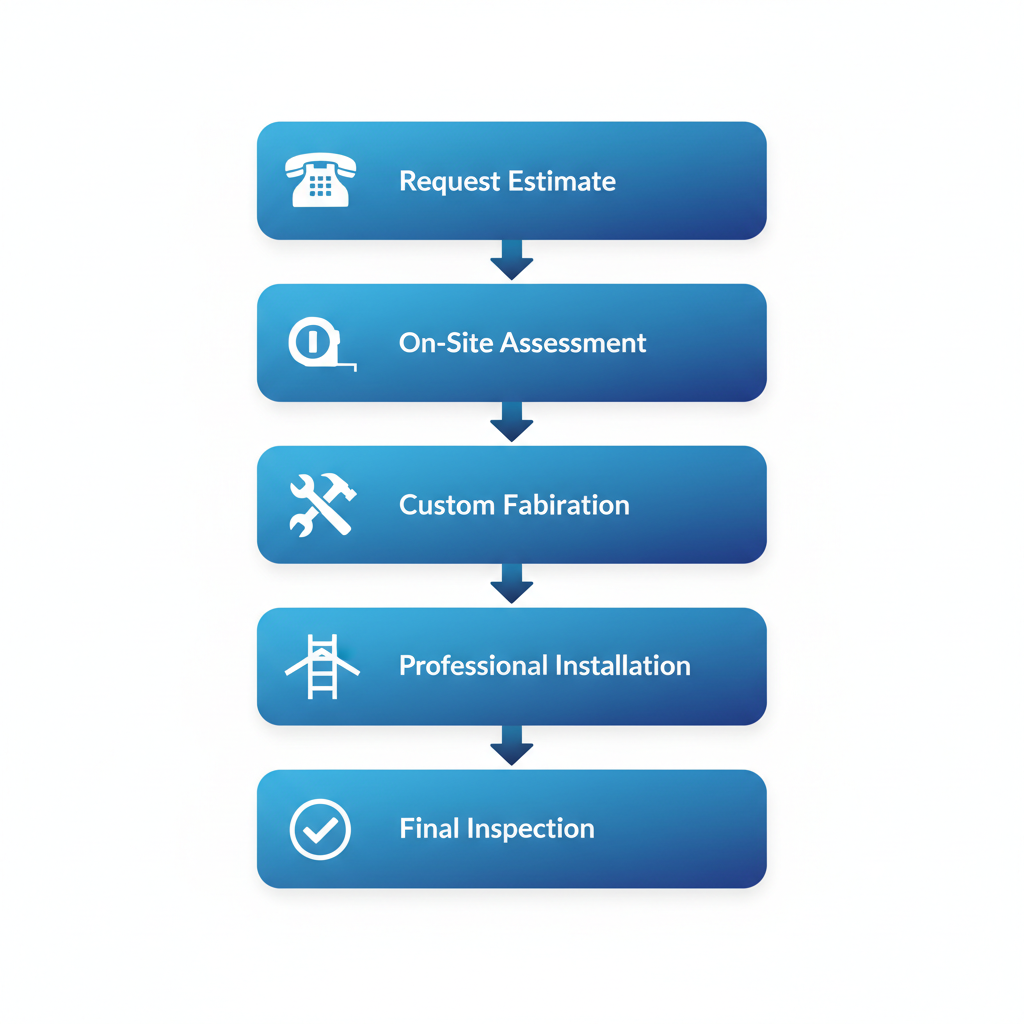 Vertical process flow diagram showing five steps to initiate gutter services: request estimate, on-site assessment, custom fabrication, professional installation, and final inspection with warranty.