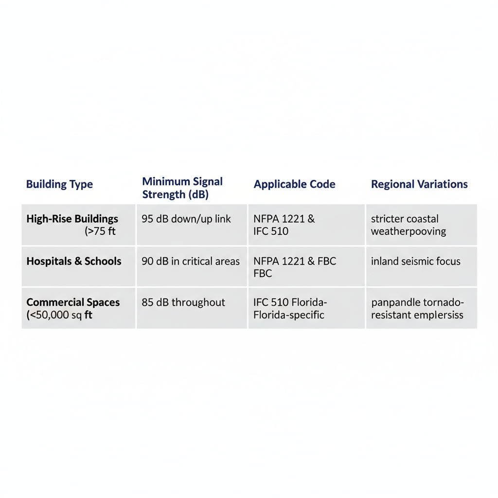 Infographic table showing BDA signal requirements for different building types in Florida regions
