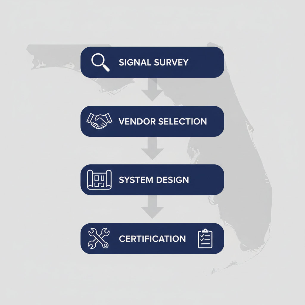 Vertical process flow illustrating five stages for implementing a BDA system in Florida, with icons and connections.