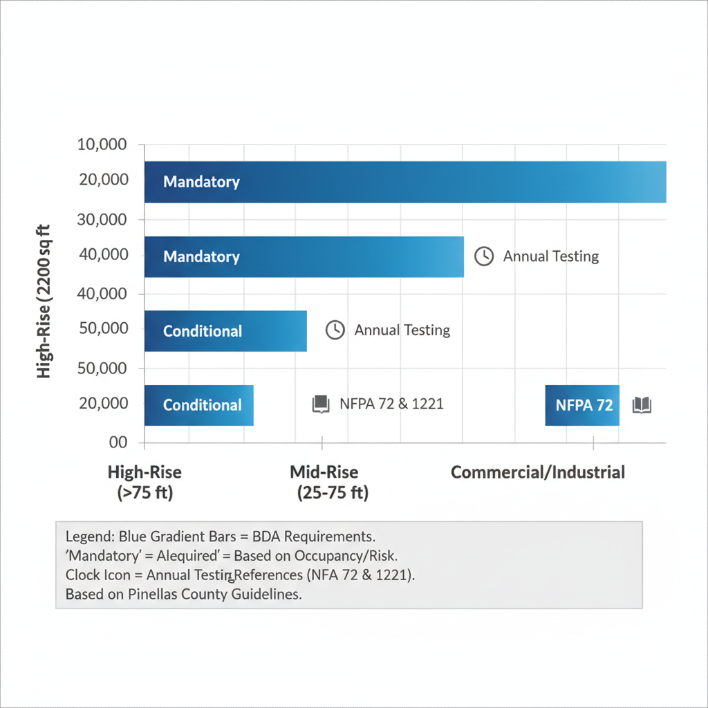 Bar chart comparing BDA requirements in Florida buildings by type, showing square footage thresholds, mandates, testing frequencies, and code references