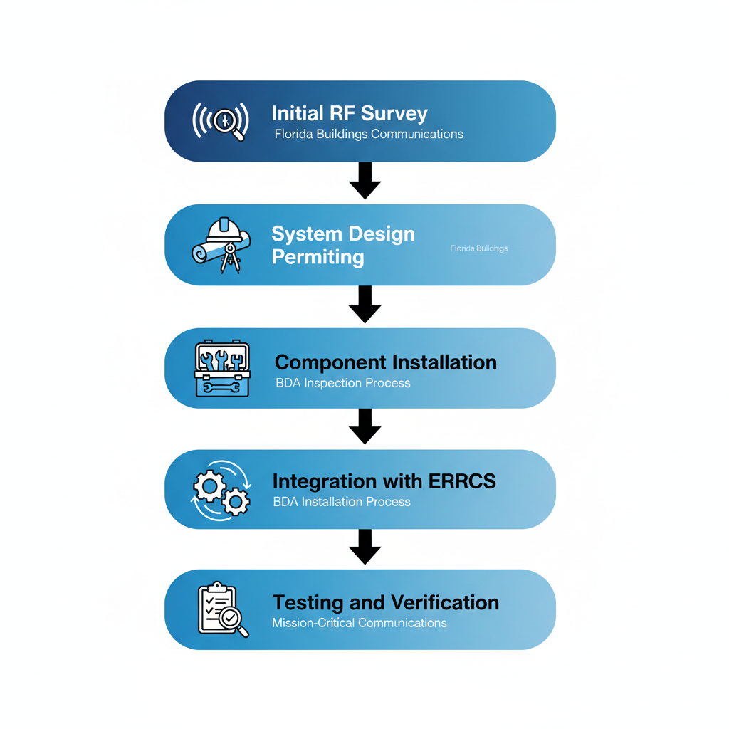 Vertical process flow diagram illustrating the five stages of BDA inspections and systems installation in Florida buildings