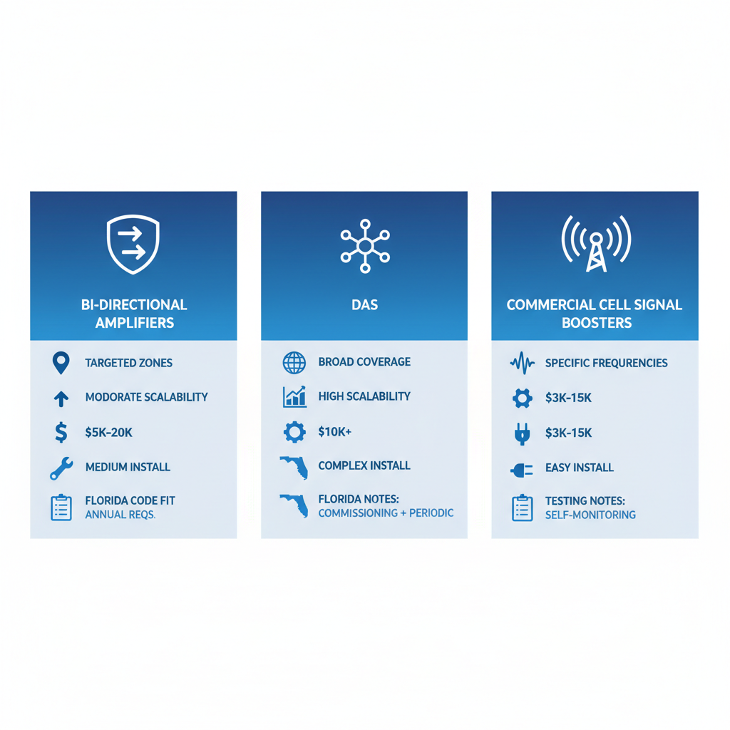 Infographic comparing bi-directional amplifiers, distributed antenna systems, and commercial cell signal boosters for Florida BDA compliance with costs, scalability, and installation details.