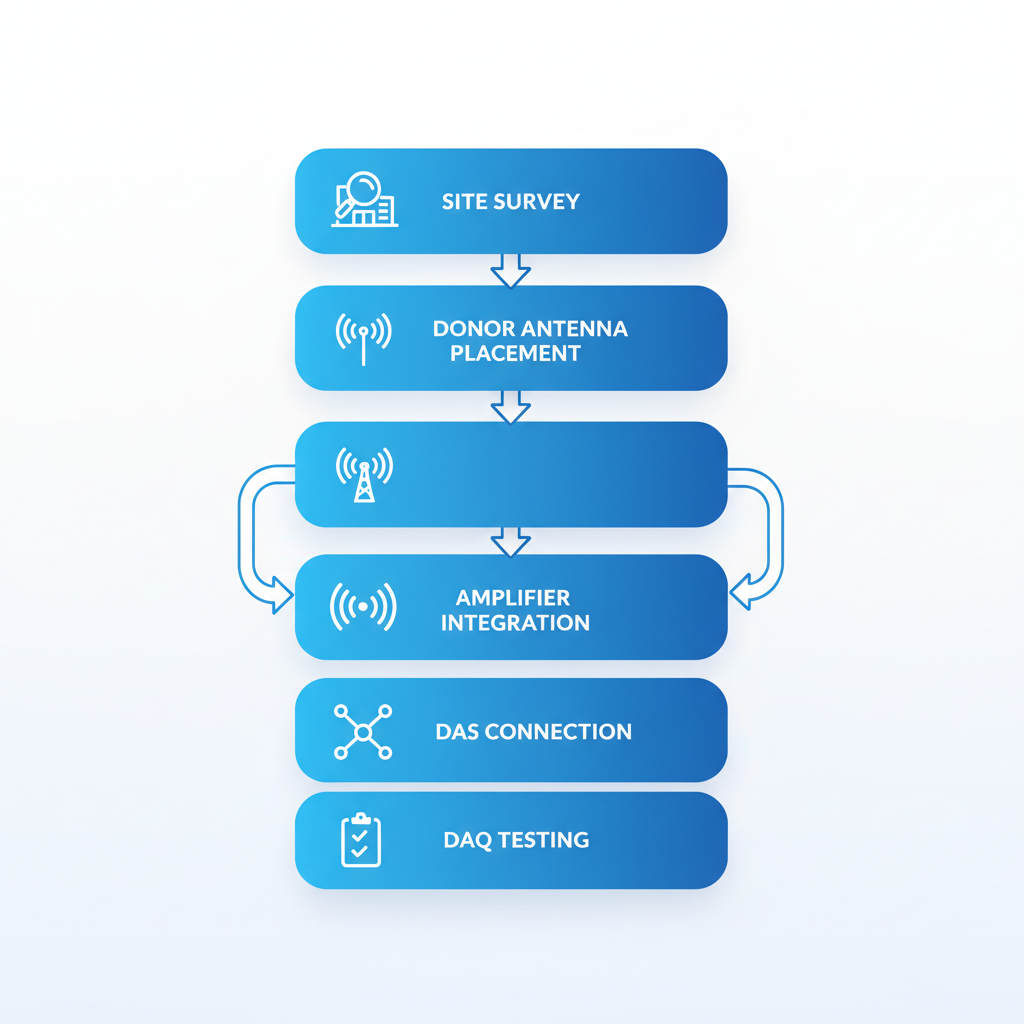 Accessibility description: Vertical process flow illustrating five steps of bi-directional amplifier installation: site survey, donor antenna placement, amplifier integration, DAS connection, and DAQ testing with icons.