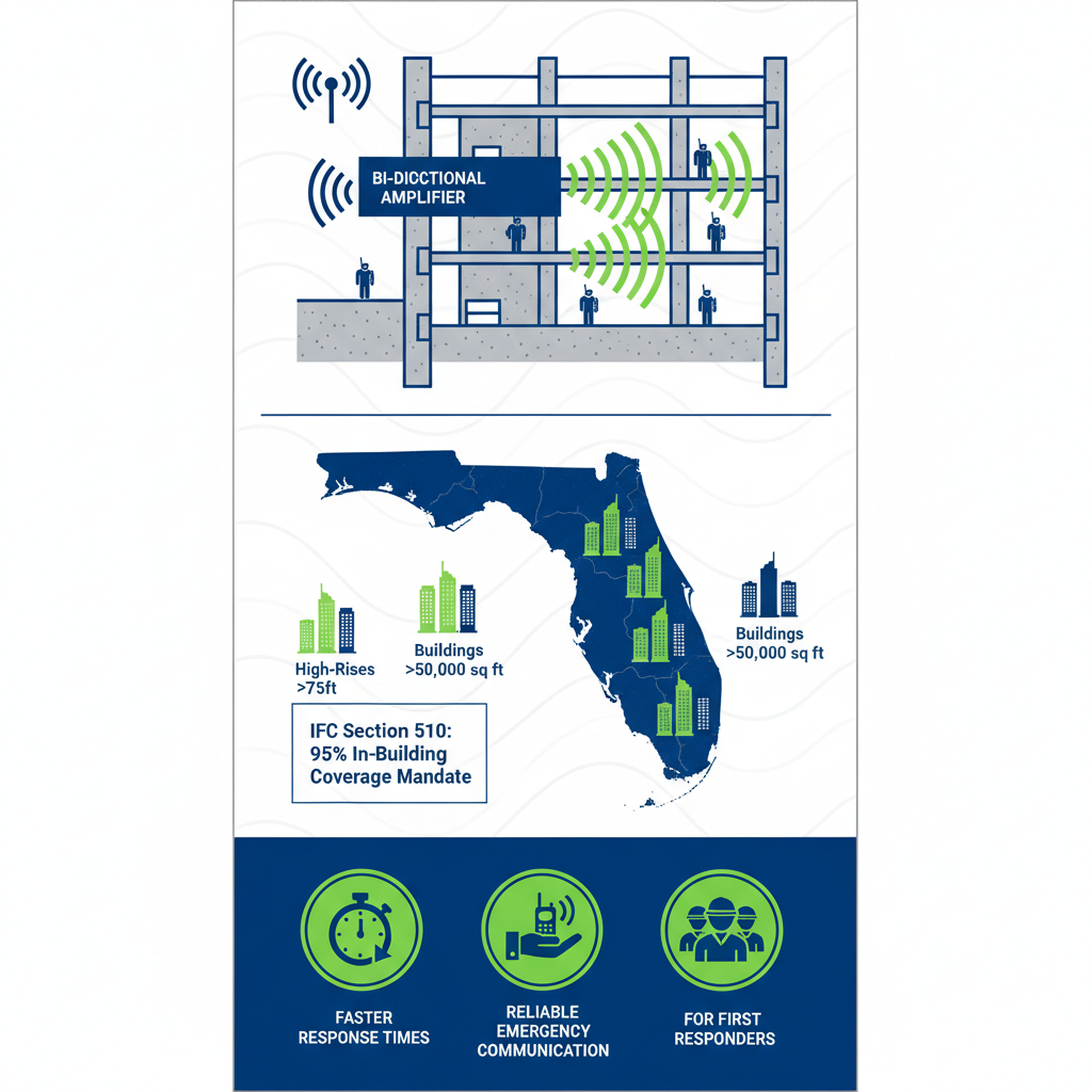 Infographic overview of bi-directional amplifiers for public safety in Florida, featuring signal diagram, state map with building icons, and benefit illustrations.