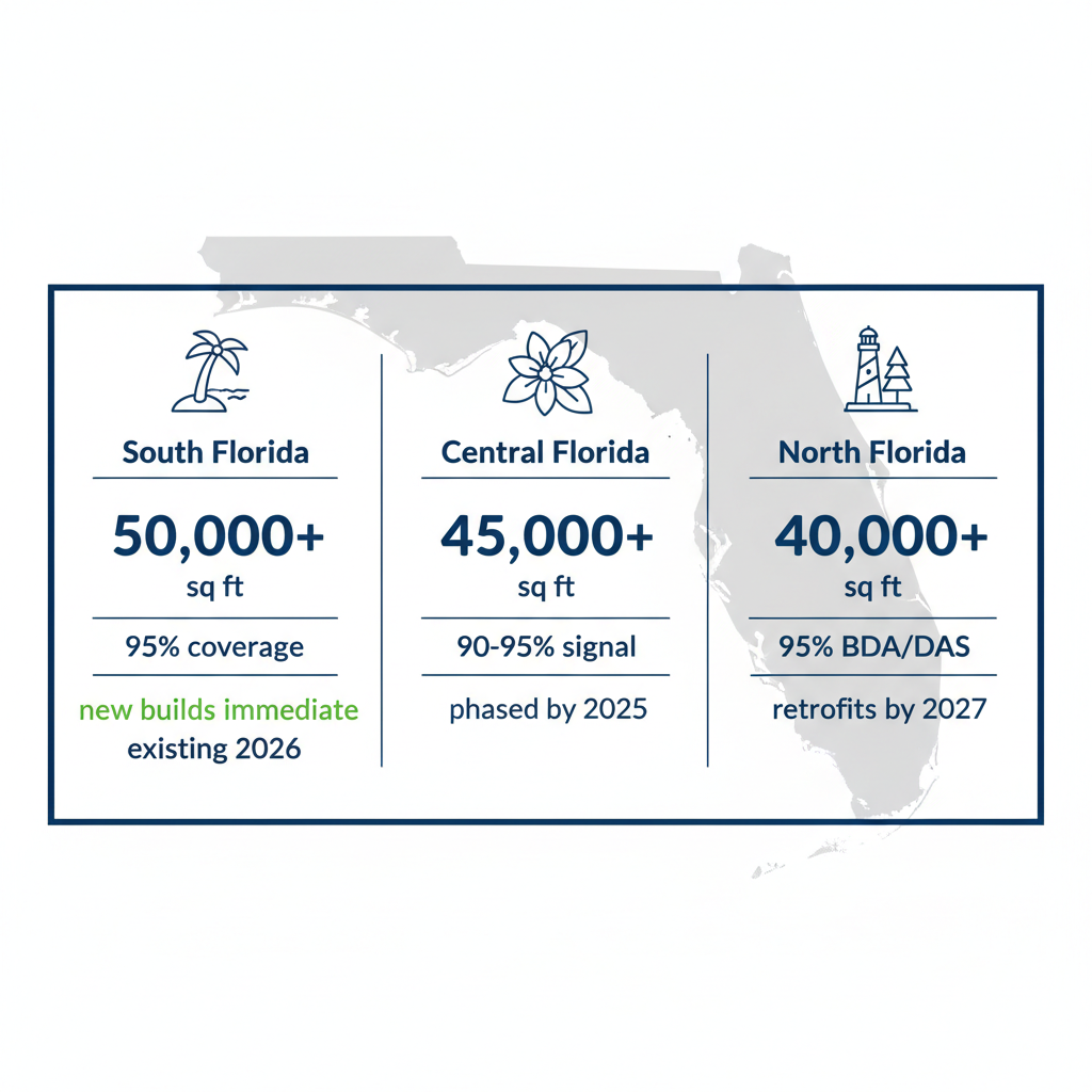 Infographic comparing ERRCS requirements in South, Central, and North Florida regions with metrics and icons.