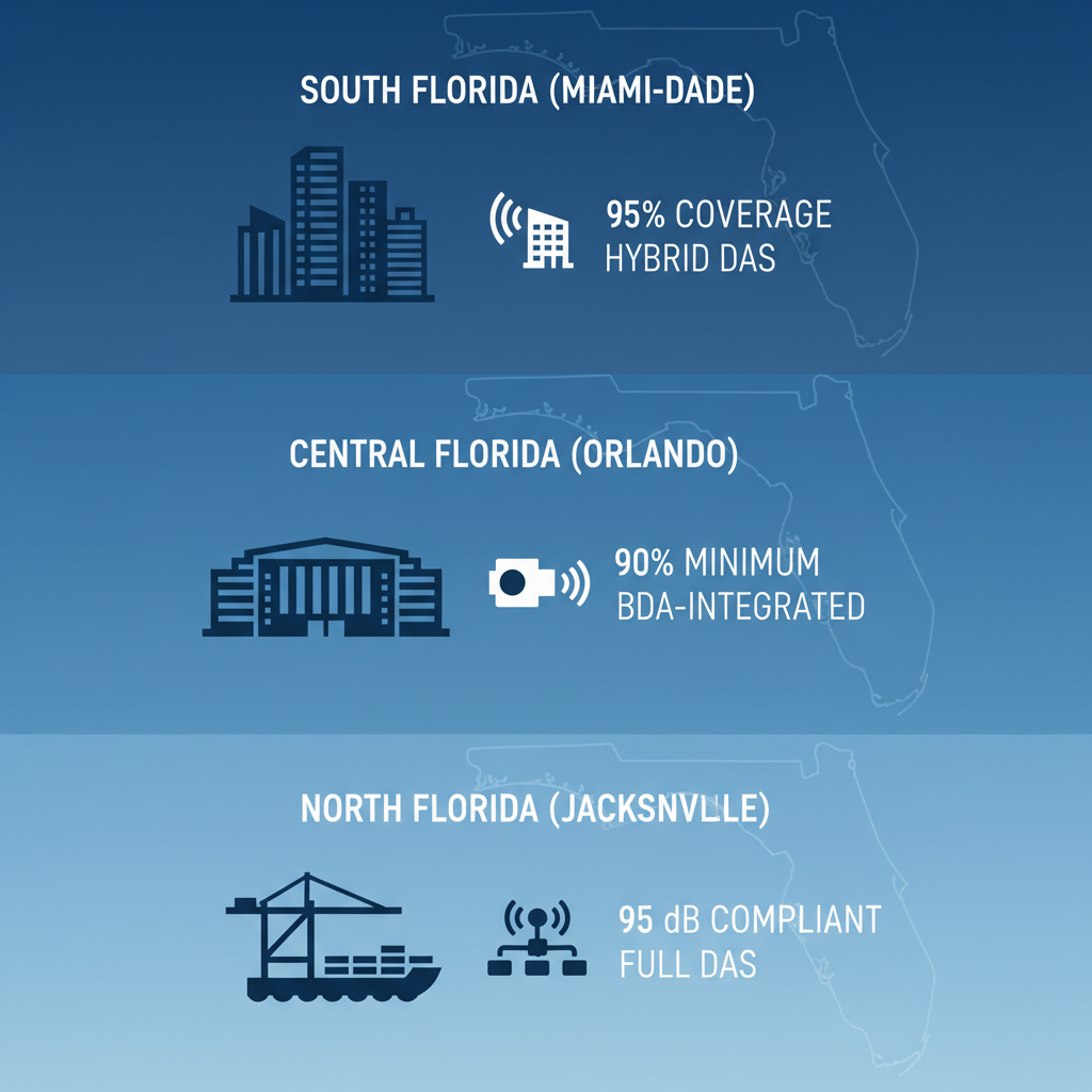 Infographic comparing in-building wireless coverage requirements in South, Central, and North Florida regions with icons and map outline.