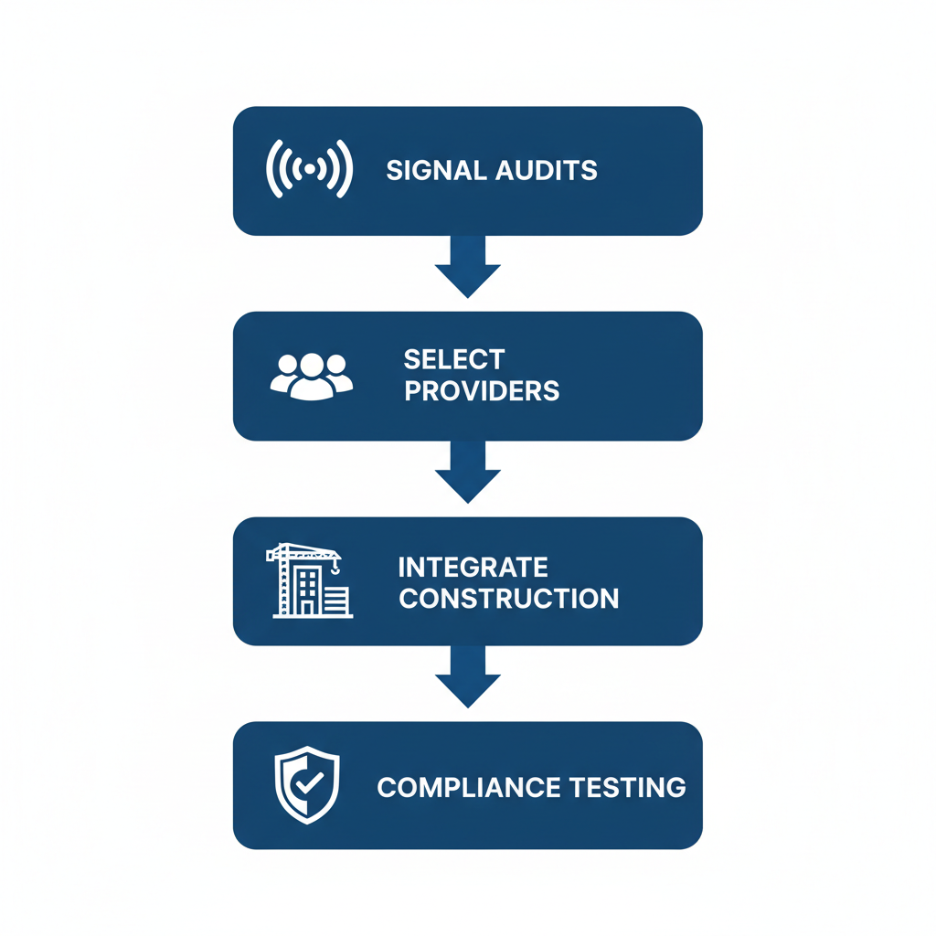 Vertical process flow diagram for in-building wireless projects in Florida with four stages and icons