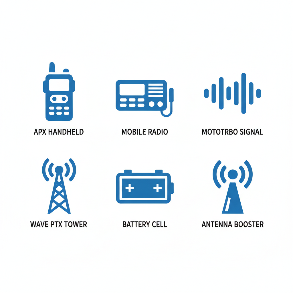 Grid of six flat blue icons with white outlines depicting various Motorola radio systems and accessories, including handheld, mobile, digital, broadband, batteries, and antennas.