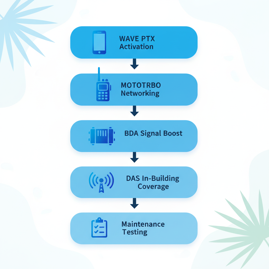 Vertical process flow diagram illustrating five stages of Motorola radio operations: WAVE PTX activation with smartphone, MOTOTRBO networking with trunking, BDA signal boost with amplifier, DAS in-building coverage with antenna array, and maintenance testing with checklist, connected by downward arrows in blue rounded rectangles.