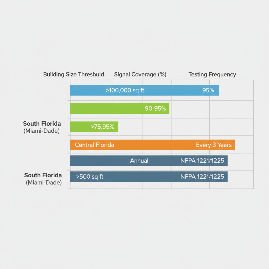 Horizontal bar chart comparing ERRC requirements in South, Central, and North Florida regions with metrics on building size and signal coverage.