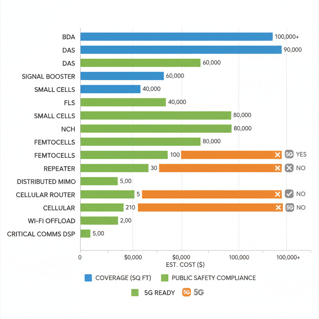 Horizontal bar chart comparing key metrics of top in-building cellular tools for Florida, including coverage area, cost, and 5G readiness.