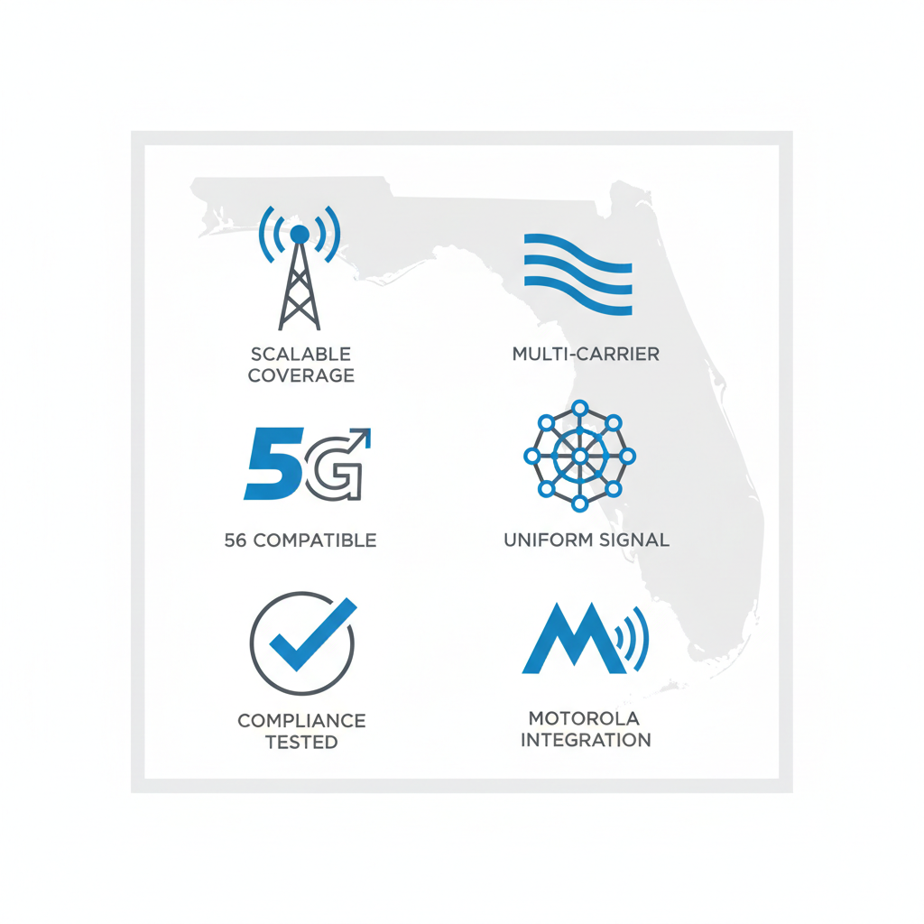 Grid of icons illustrating Distributed Antenna Systems features for Florida commercial buildings, including scalable coverage, multi-carrier support, and 5G compatibility.