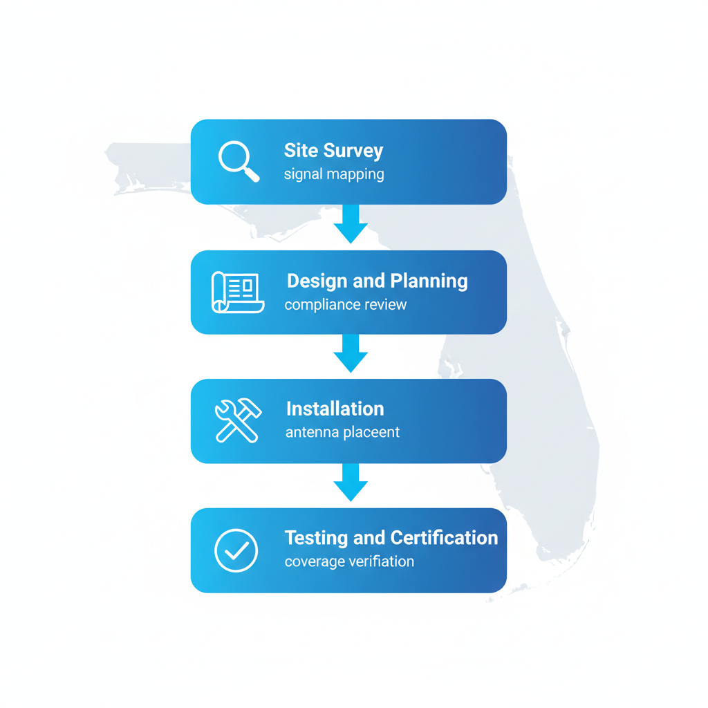 Vertical process flow diagram showing four key steps for implementing DAS in Florida buildings: site survey, design, installation, and testing.