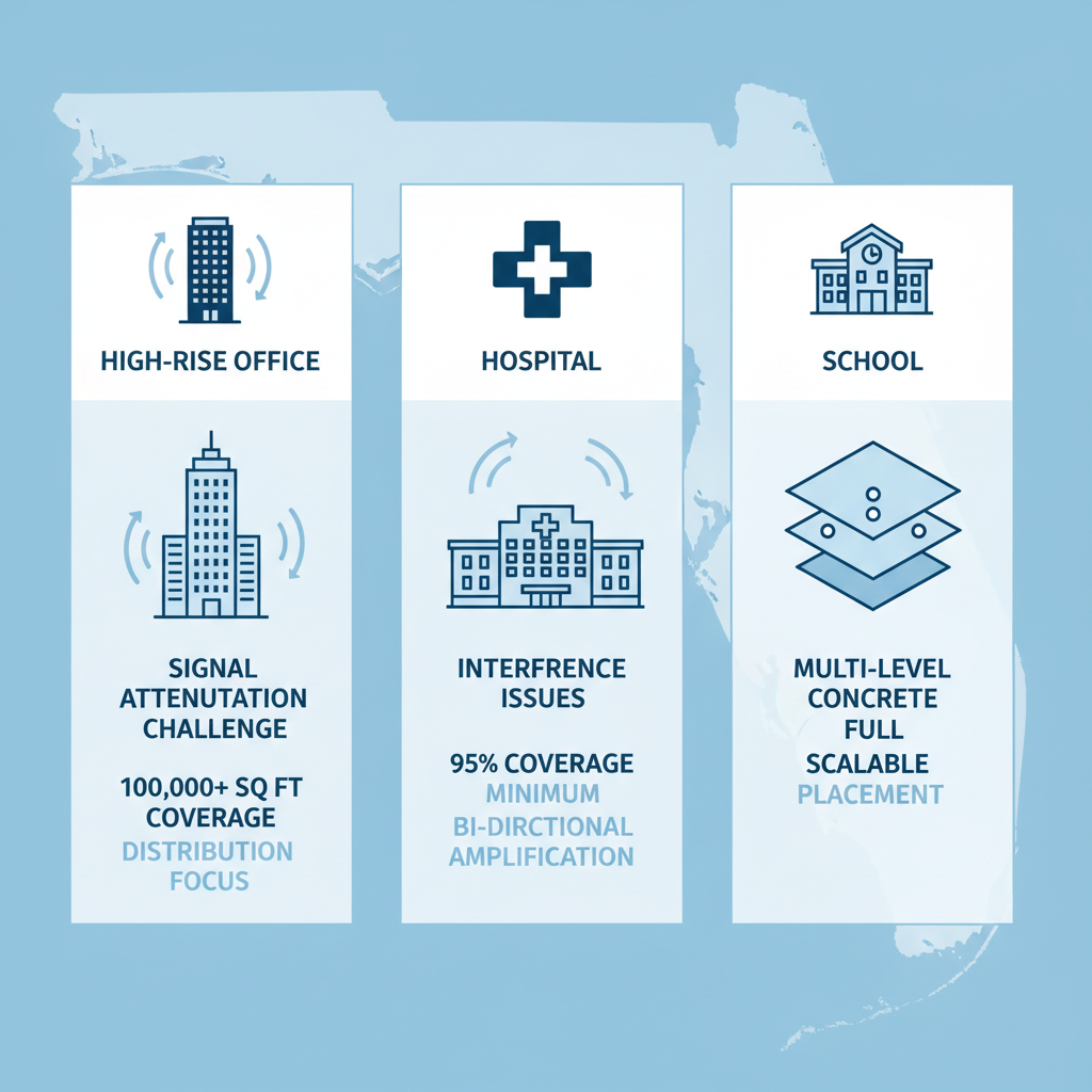 Infographic comparing DAS requirements for high-rise offices, hospitals, and schools in Florida regions
