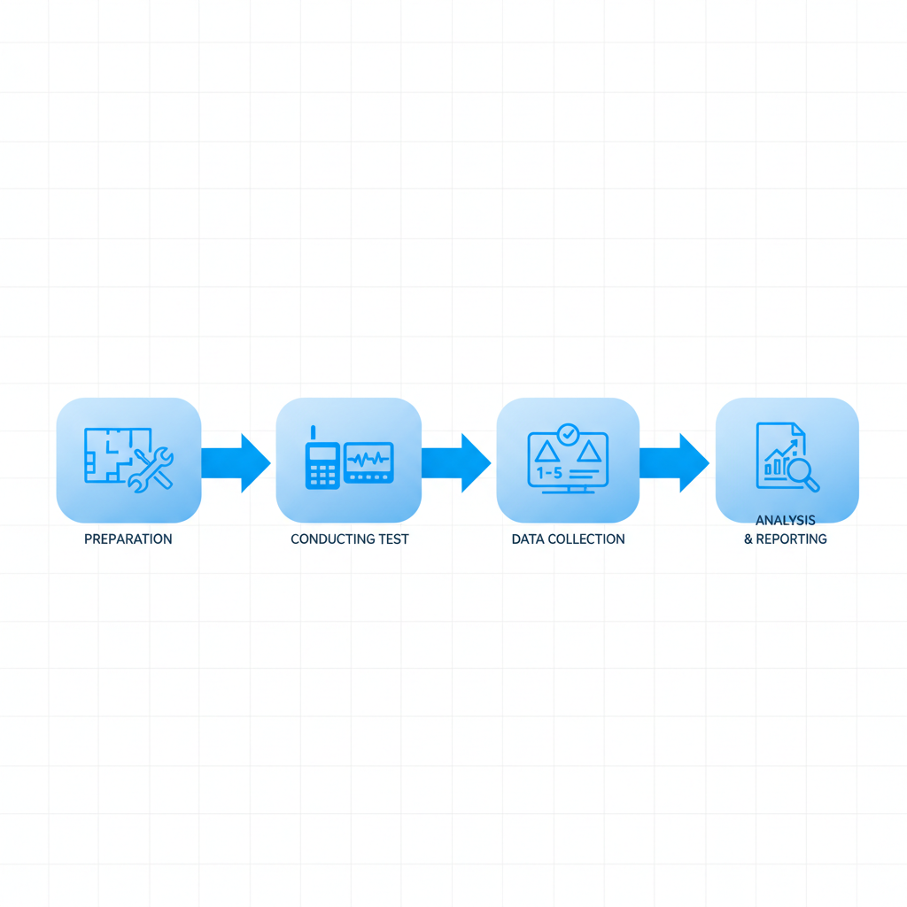 Horizontal process flow diagram illustrating the four steps of DAQ testing for ERRCS and BDA systems: preparation, conducting test, data collection, and analysis with relevant icons.