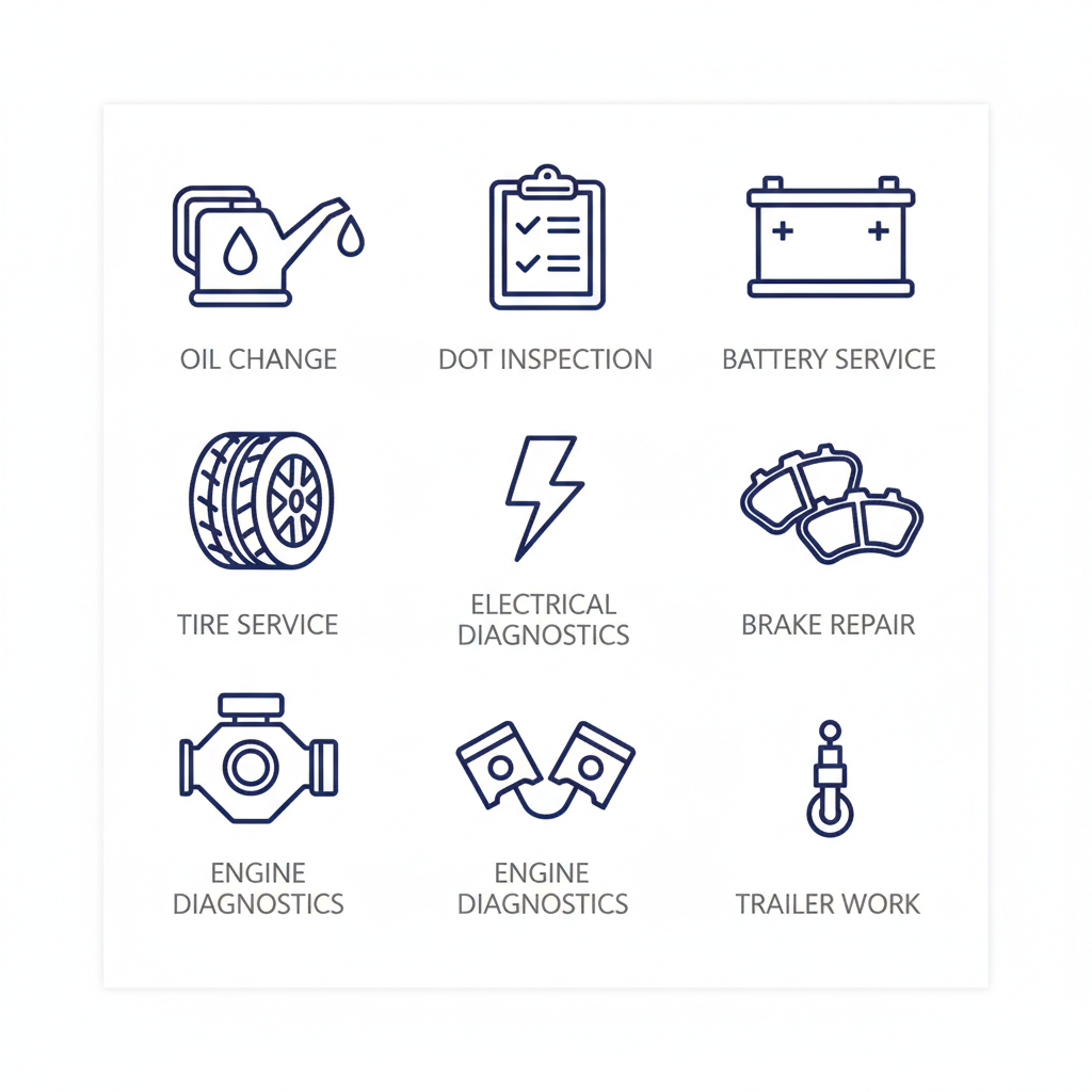 Grid of eight outline icons depicting key fleet maintenance services with labels