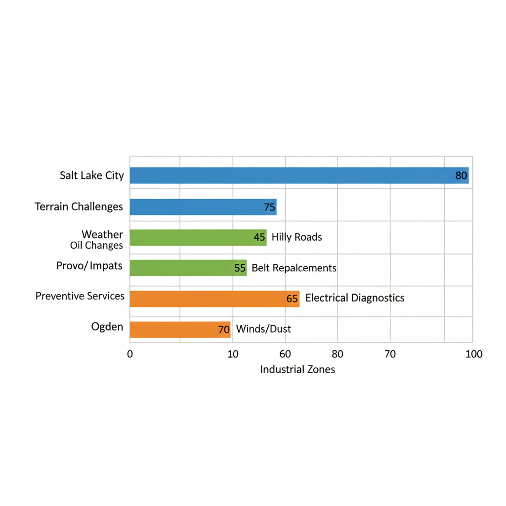 Horizontal bar chart comparing fleet maintenance needs in Wasatch Front regions: Salt Lake City, Provo/Orem, and Ogden