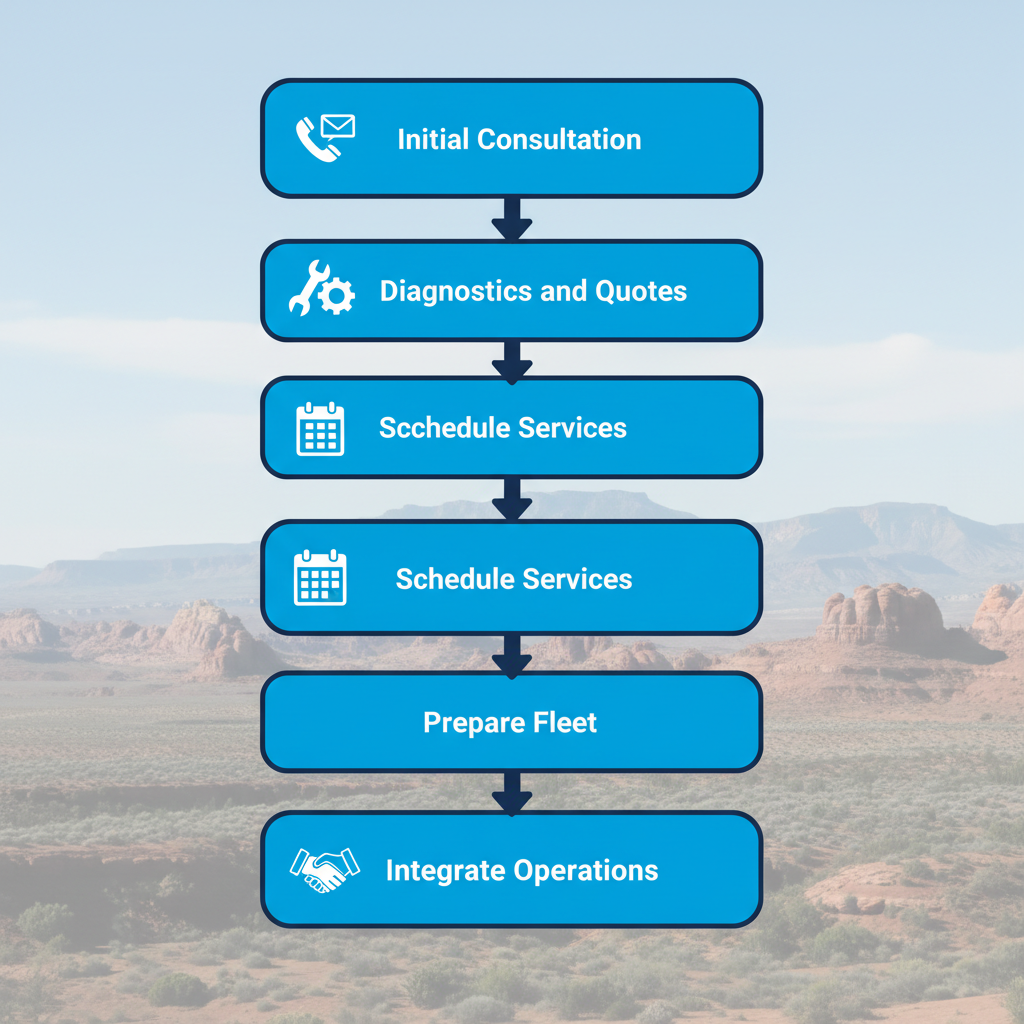 Vertical process flow diagram showing five steps to begin fleet maintenance services in Utah with icons and connections.