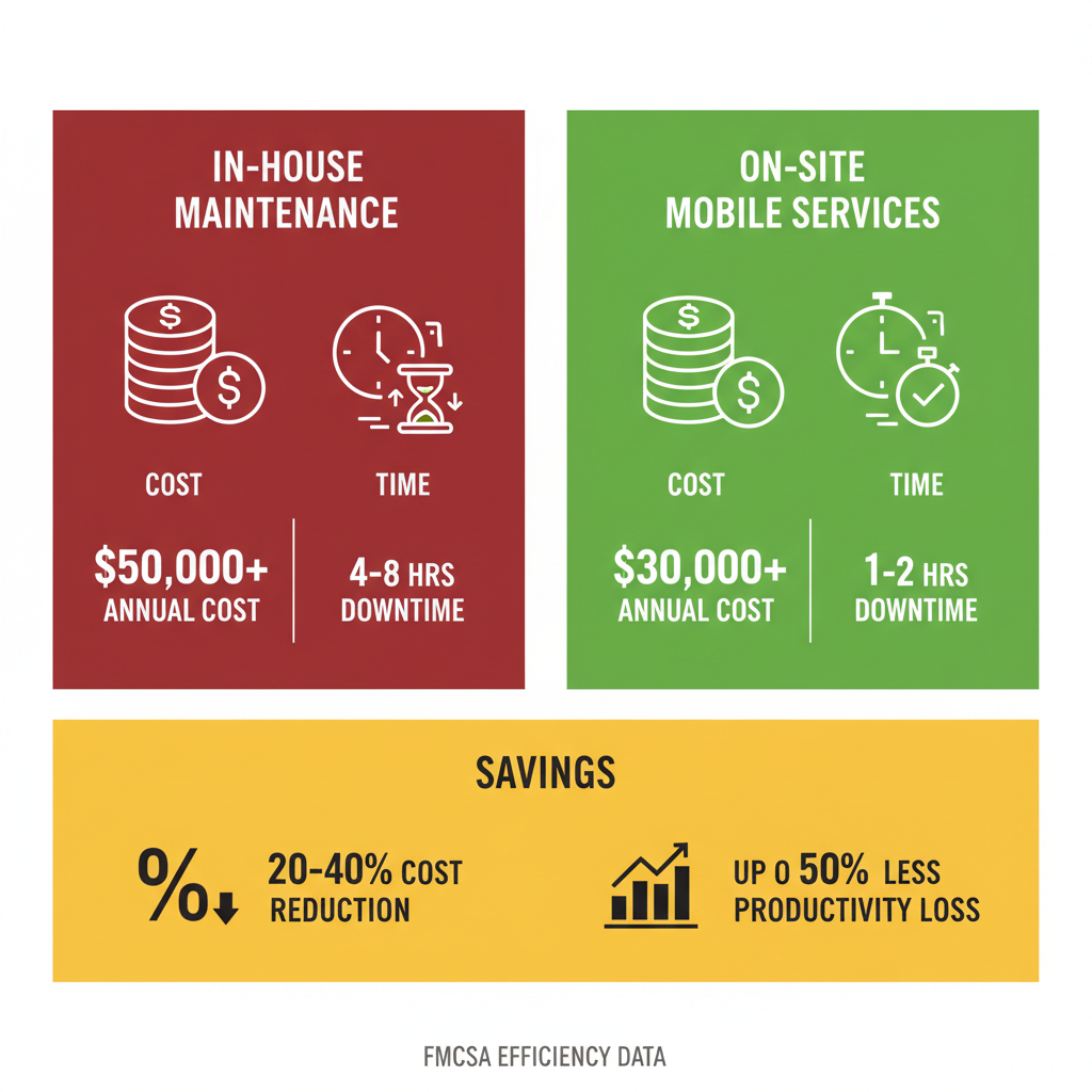 Side-by-side infographic comparing in-house and on-site fleet maintenance costs and downtime