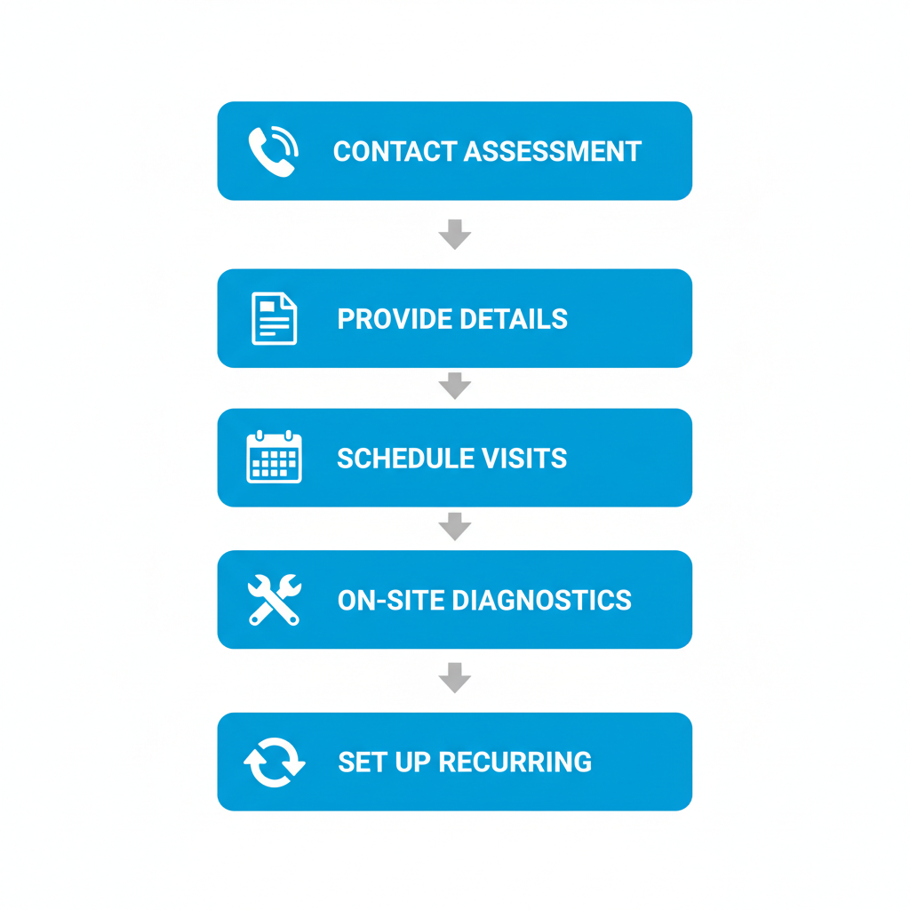 Vertical process flow diagram showing five steps to engage Allington Industries mobile fleet maintenance services