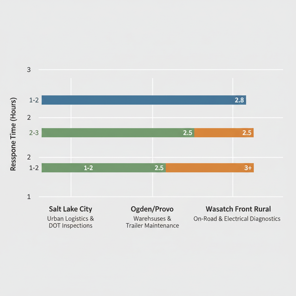 Horizontal bar chart comparing fleet service response times and focuses in Wasatch Front regions: Salt Lake City, Ogden/Provo, and rural areas.