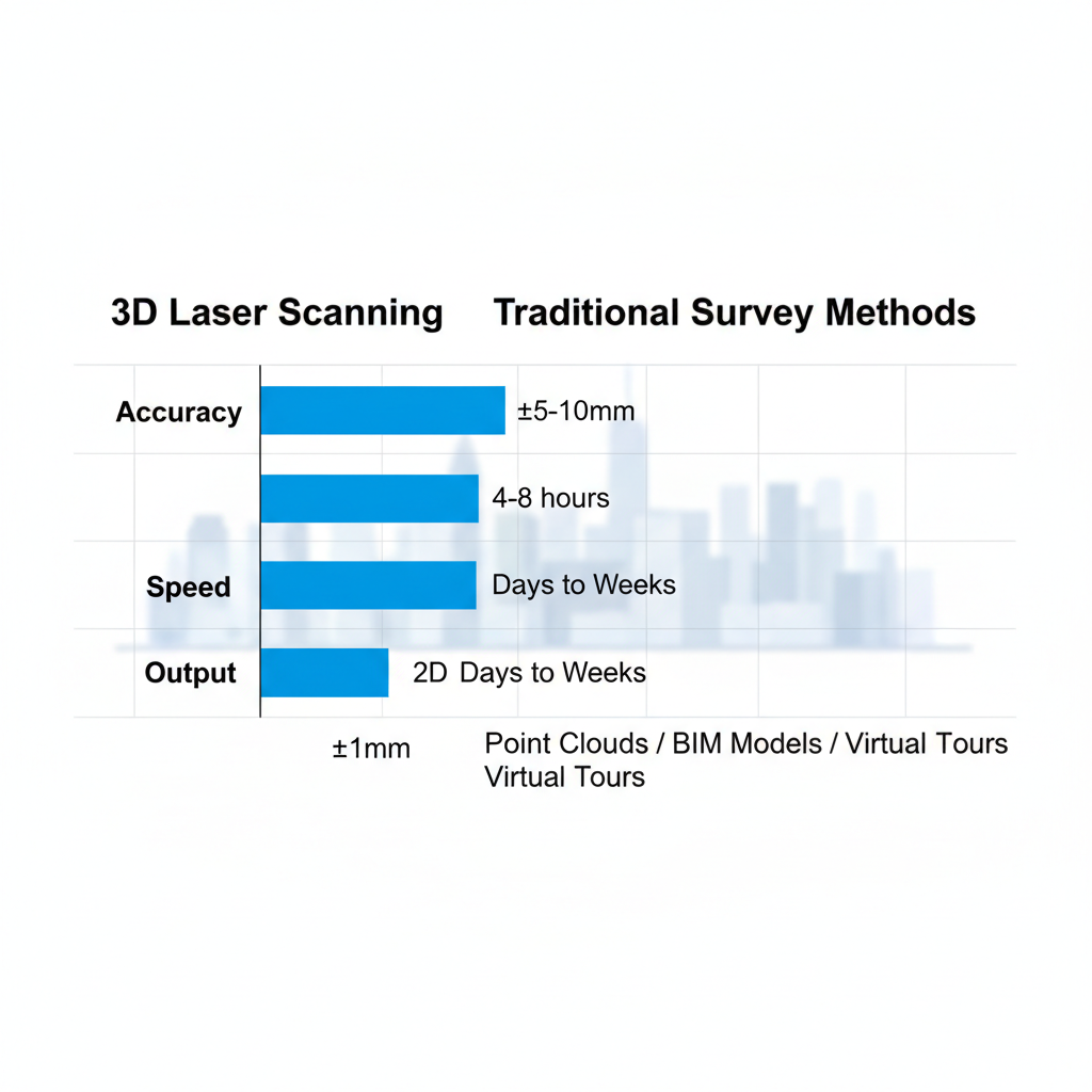 Horizontal bar chart comparing 3D laser scanning and traditional survey methods in accuracy, speed, and output for NYC architects.