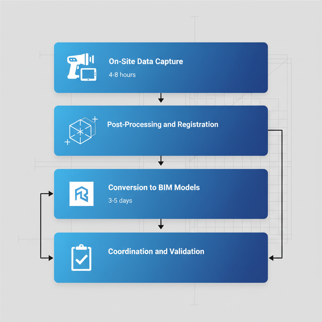 Vertical process flow diagram illustrating the four stages of 3D scanning to BIM conversion for architects in New York City