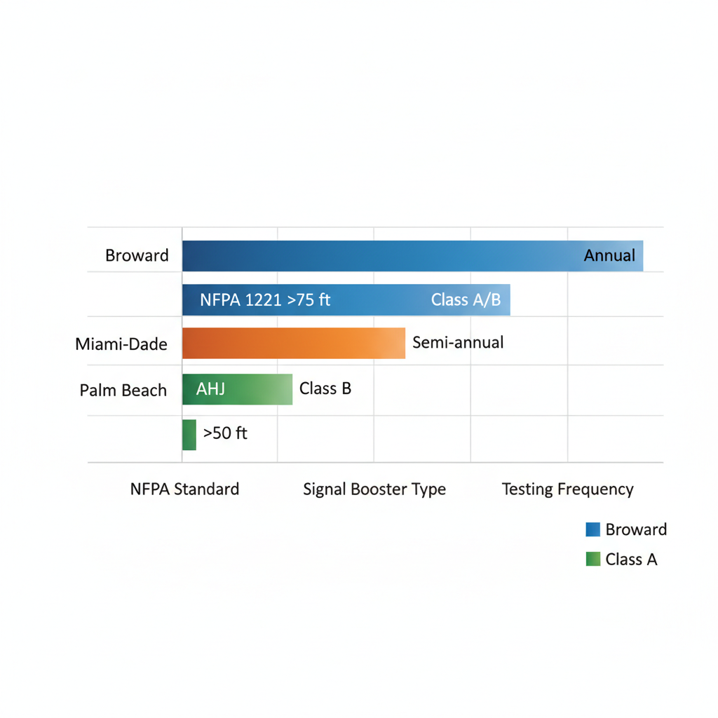 Horizontal bar chart comparing BDA requirements in Broward, Miami-Dade, and Palm Beach counties for NFPA standards, signal boosters, and testing frequencies.
