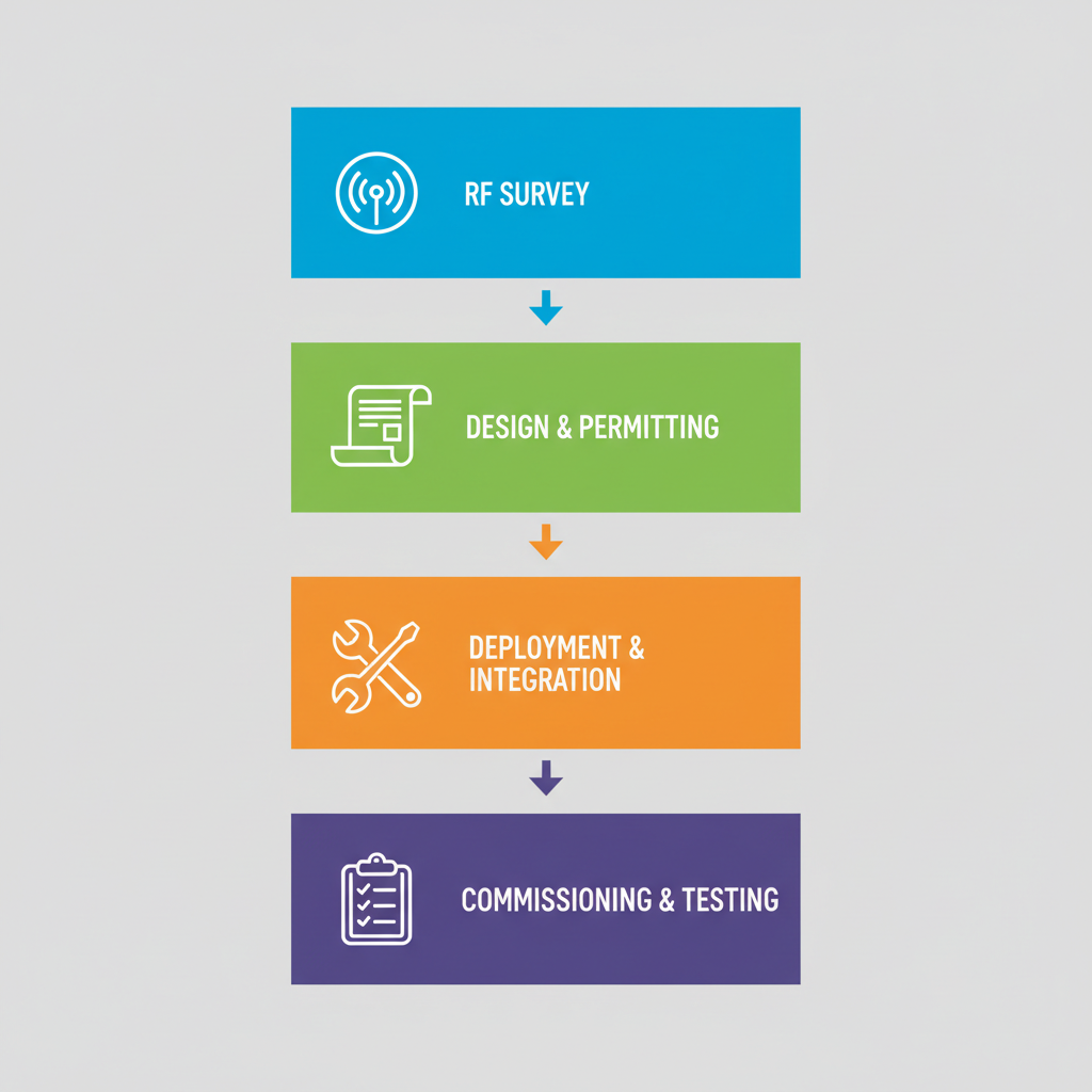 Vertical process flow diagram illustrating BDA installation steps in Broward County with four stages: RF Survey, Design and Permitting, Deployment and Integration, Commissioning and Testing.