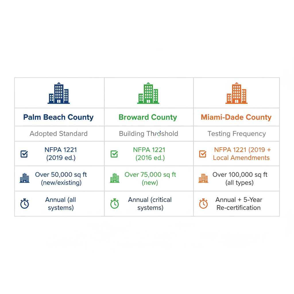 Infographic table comparing BDA requirements in Palm Beach, Broward, and Miami-Dade Counties, Florida, highlighting standards, thresholds, and testing frequencies with icons.