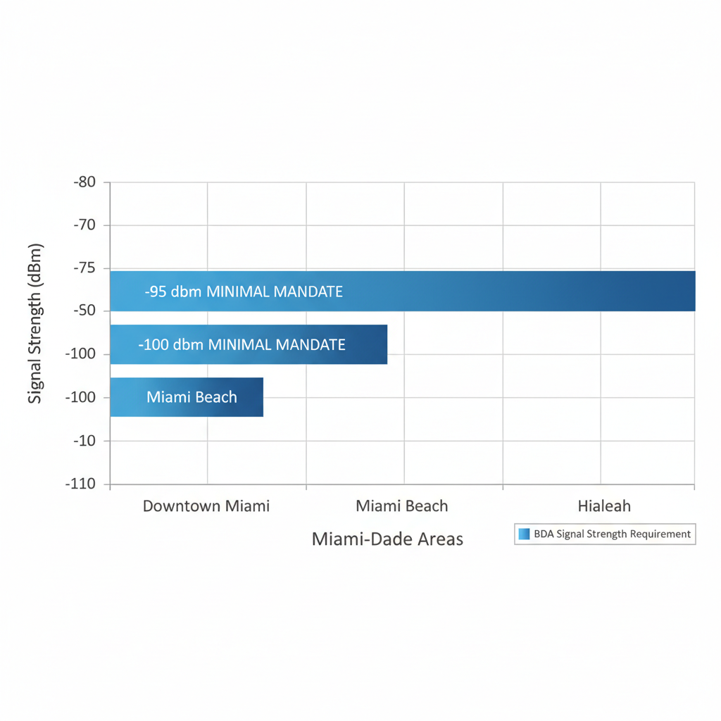 Horizontal bar chart comparing BDA signal strength requirements in Downtown Miami, Miami Beach, and Hialeah based on NFPA standards.