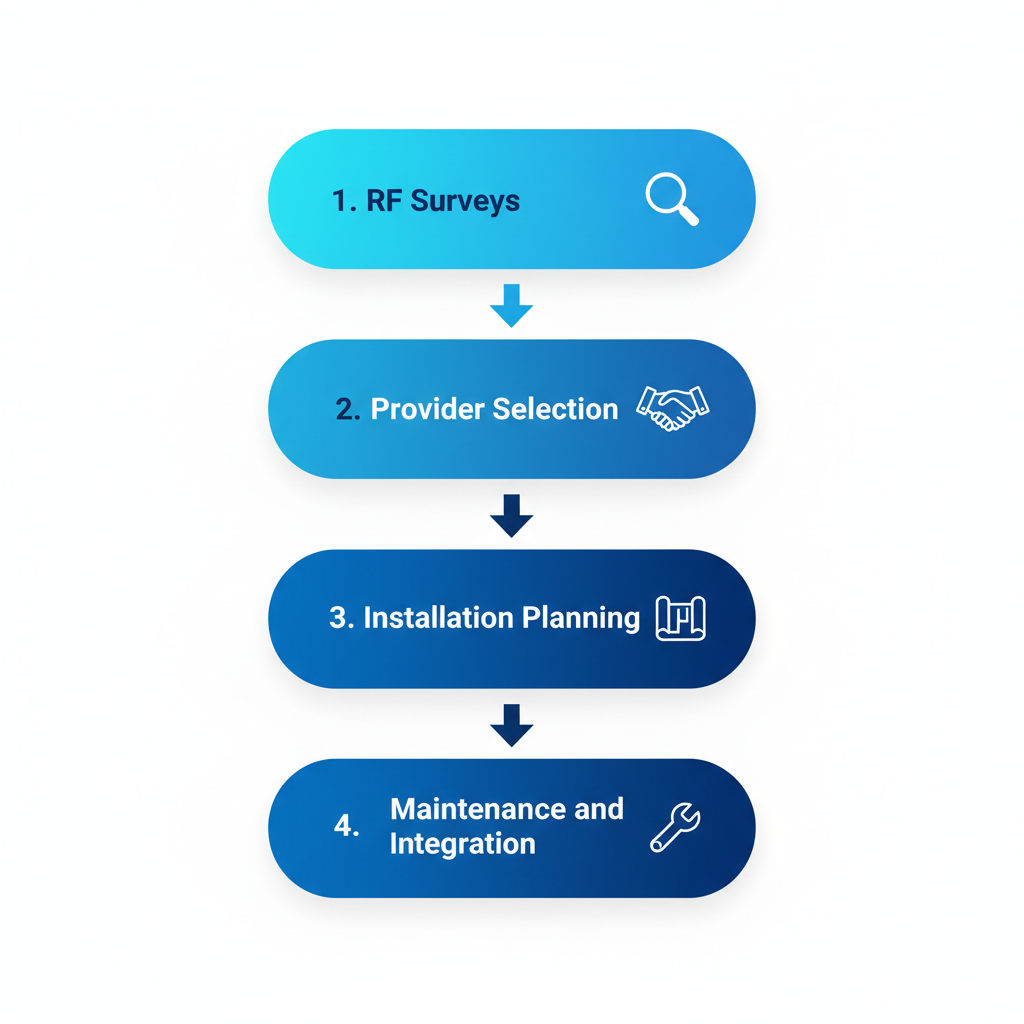 Vertical process flow illustrating four steps for BDA system implementation: RF surveys, provider selection, installation planning, and maintenance.