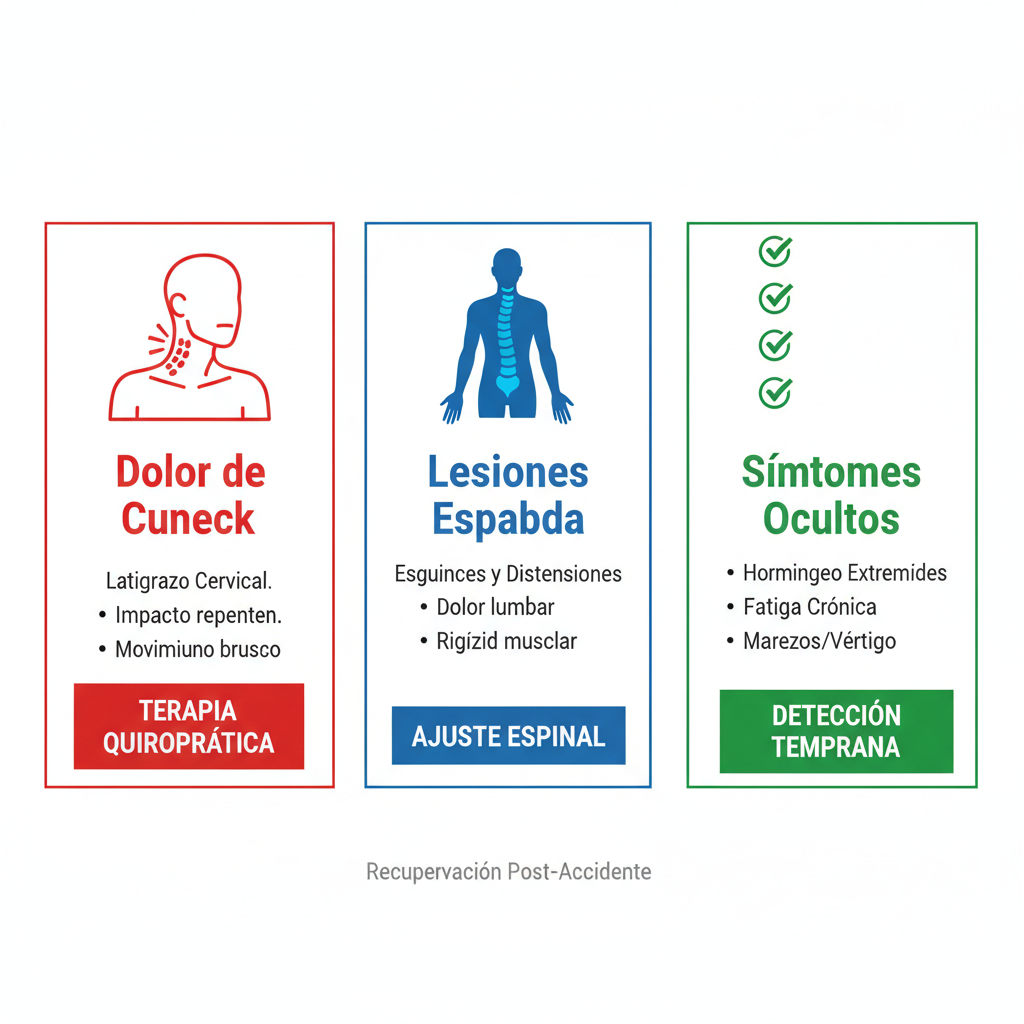 Infografía ilustrando lesiones por accidentes de auto: latigazo, dolores de espalda y síntomas ocultos con consejos de detección temprana.