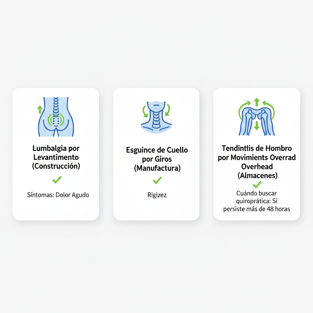 Infografía comparativa de tres lesiones laborales comunes en Chicago con causas y síntomas
