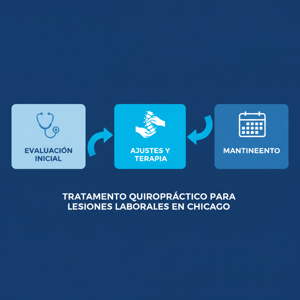 Diagrama de flujo ilustrativo de tres etapas del tratamiento quiropráctico para lesiones laborales: evaluación inicial, ajustes y terapia, y mantenimiento con seguimiento.