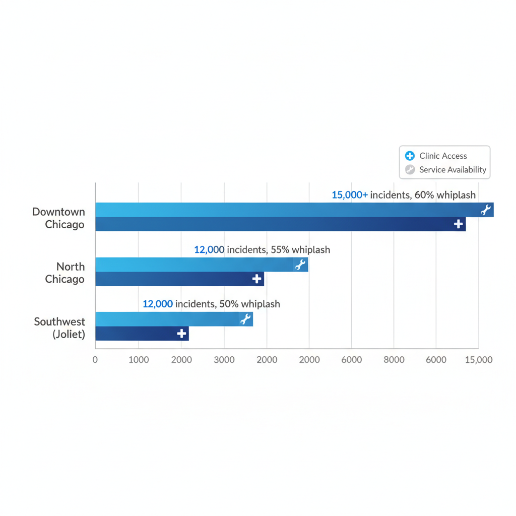Gráfico de barras horizontal mostrando tasas de accidentes automovilísticos en áreas de Chicago, con énfasis en accesibilidad a clínicas de quiropraxia y rehabilitaciín.