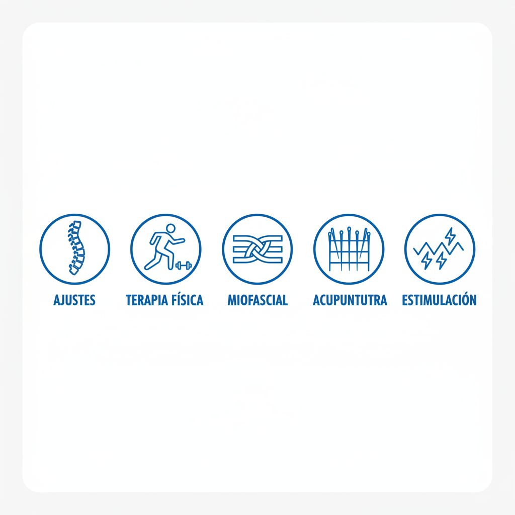 Conjunto de íconos ilustrando servicios quiroprácticos disponibles para lesiones por accidentes, incluyendo ajustes, terapia física, miofascial, acupuntura y estimulaciín.