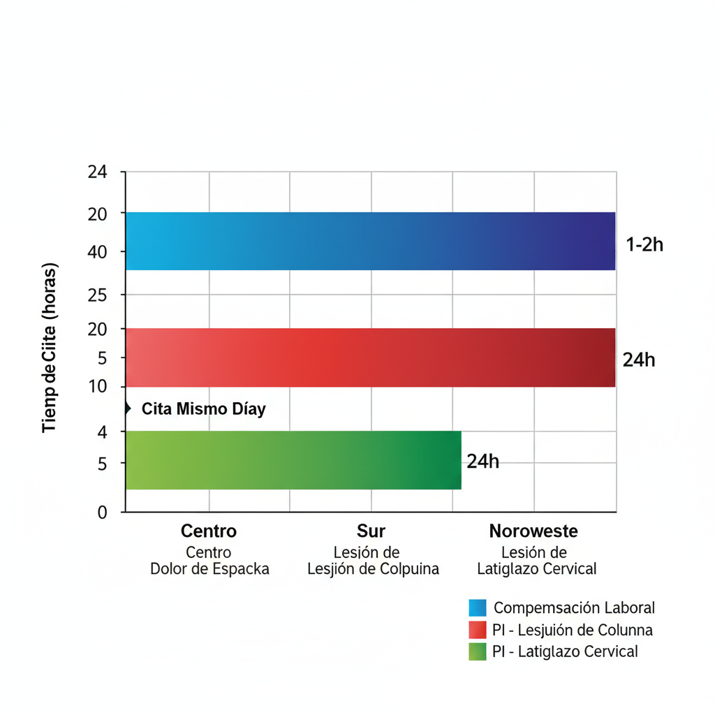 Gráfico de barras comparativo de tiempos de cita para tratamientos quiroprácticos en áreas de Chicago: Centro, Sur y Noroeste.