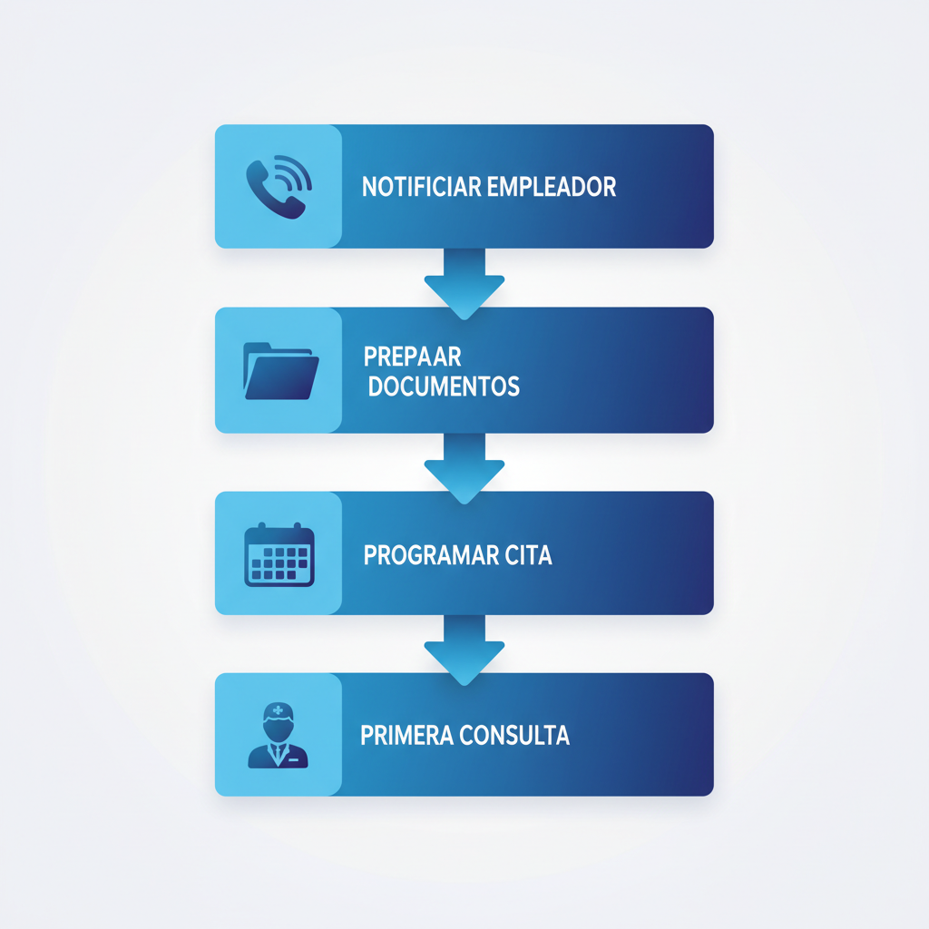 Diagrama de flujo vertical mostrando los pasos para empezar tratamiento quiropráctico por accidente laboral: notificar, preparar, programar y consultar.