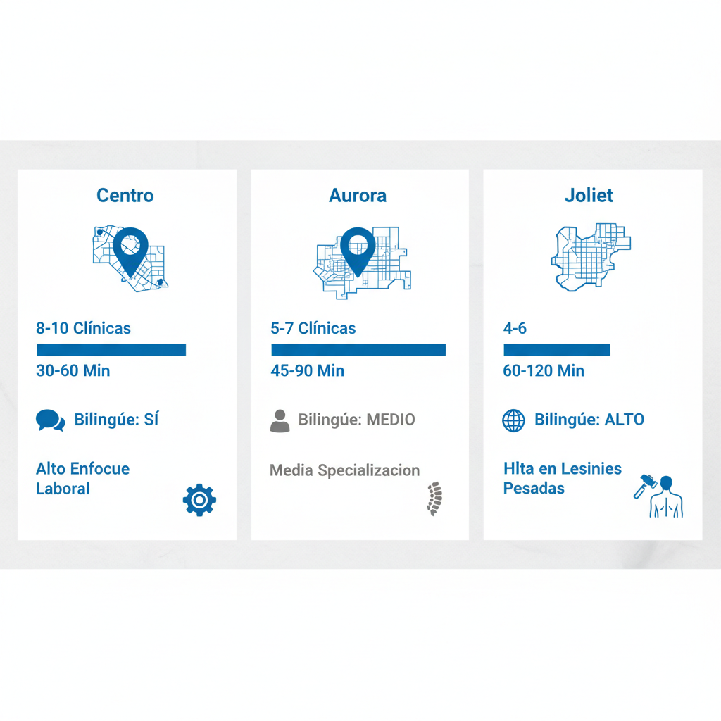 Infografía comparativa de servicios quiroprácticos para compensación laboral en áreas de Chicago