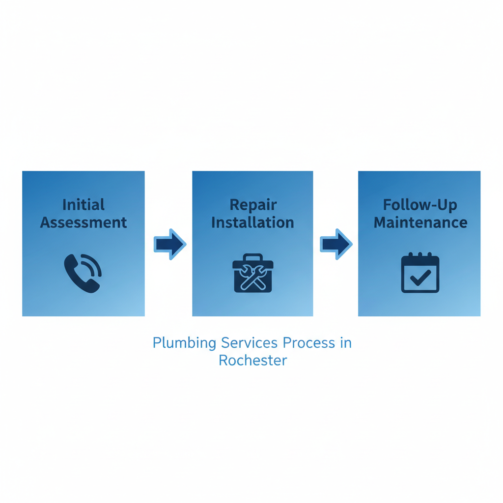 Horizontal process flow diagram showing three stages of plumbing services: initial assessment, repair and installation, and follow-up maintenance with icons and arrows.
