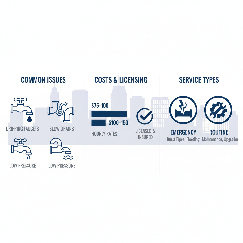 Infographic showing common plumbing issues costs licensing and emergency routine services in Rochester NY