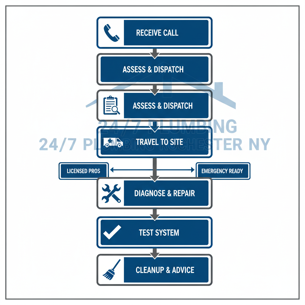 Vertical process flow illustrating the six stages of 24-hour emergency plumbing services from receiving a call to cleanup and follow-up in Rochester, NY.