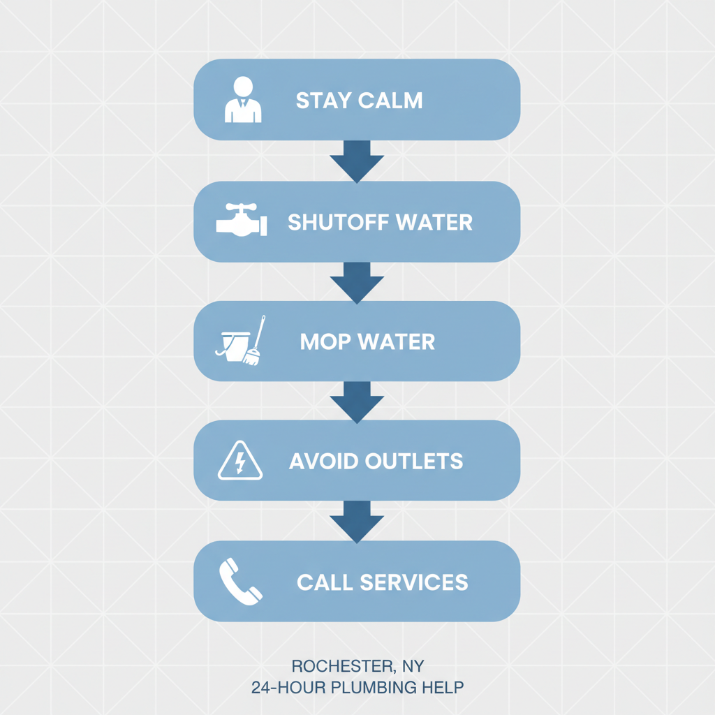 Vertical process flow diagram illustrating initial safety steps for plumbing emergencies before professional help arrives in Rochester, NY.
