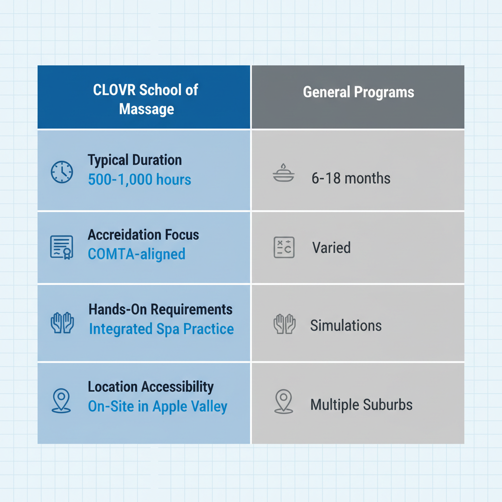 Infographic comparing CLOVR School of Massage features with general programs on duration, accreditation, hands-on training, and location accessibility.